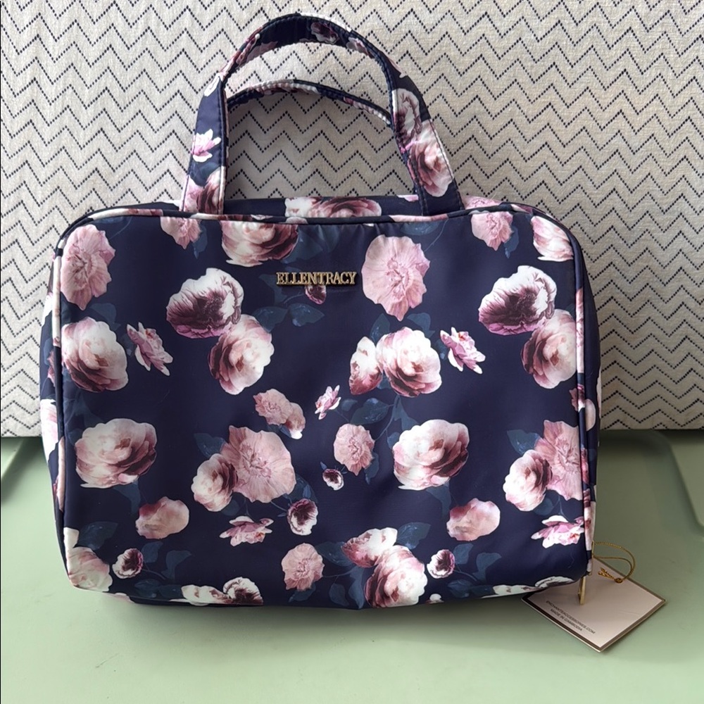 Ellen Tracy Navy Floral Cosmetic Tote with Pink Rose Motif